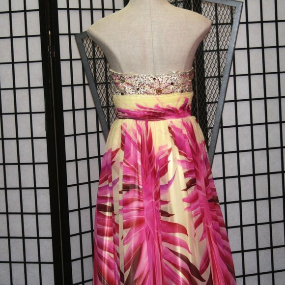 Statement Gown with Floral Print and Jeweled Bodice - Picture 7 of 8